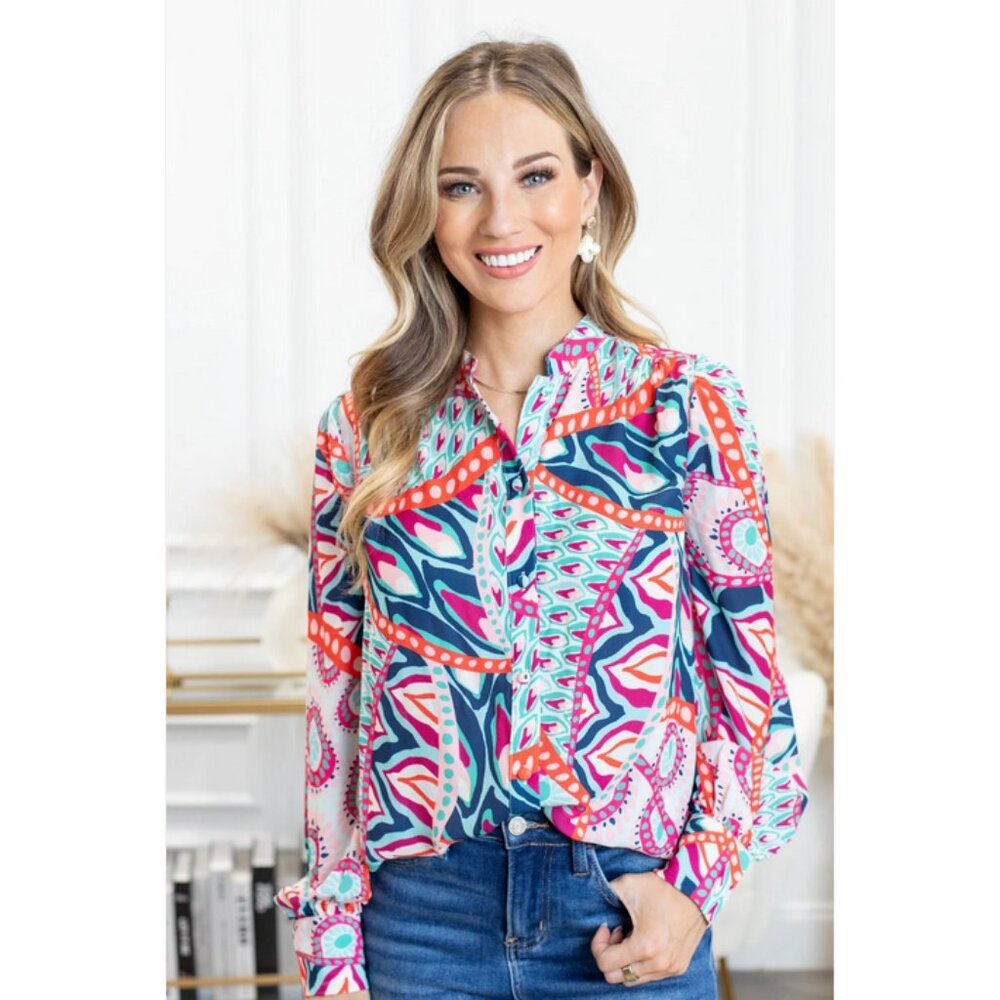 Womens Multicolor Printed Button-Down Shirt - Stylish Long Sleeve Top
